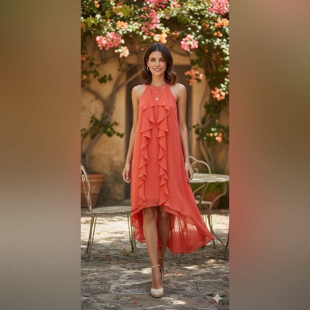 Jennifer Lopez High-Low Ruffle Halter Dress large Caribbean Coral sleeveless